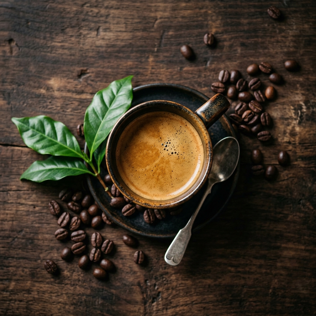 Overhead view of a freshly brewed espresso